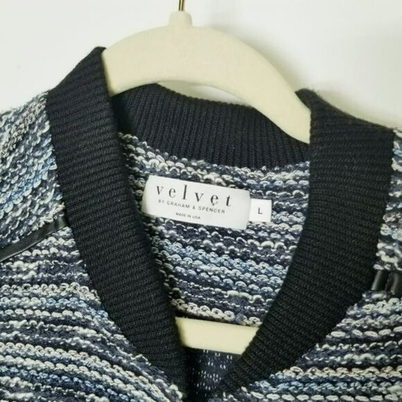 Velvet by Graham & Spencer White and Blue Knit Striped Full Zip Moto Jacket L - Picture 7 of 13